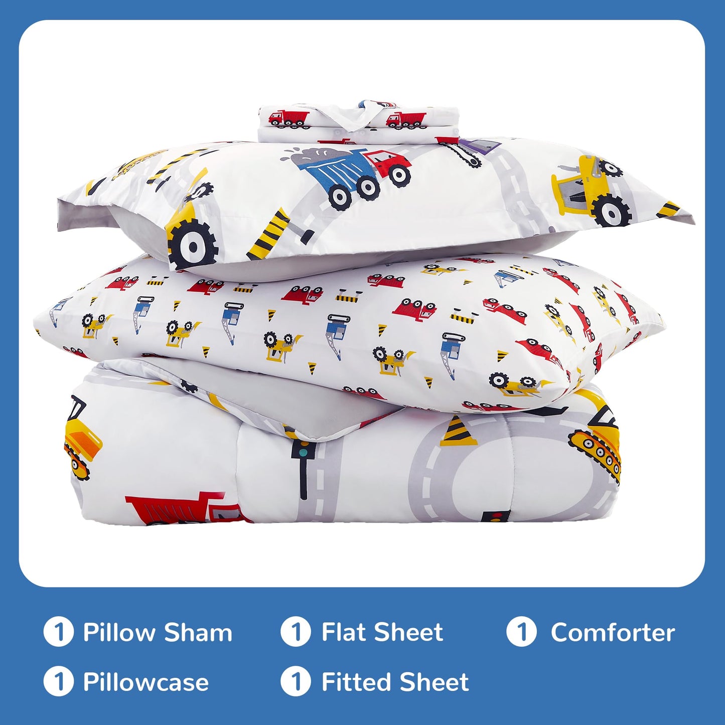 Viviland Kids Twin Bedding Sets for Boys, Girls Soft Twin Comforter Set with Sheets, 5 Pieces Microfiber Bed in a Bag, White Car Excavator