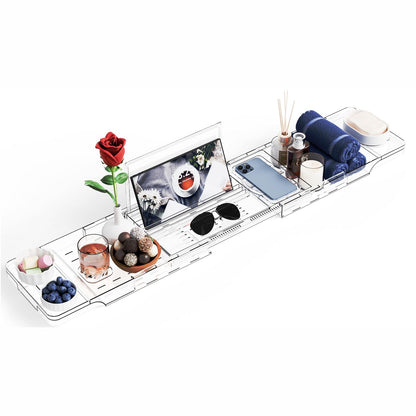 Yieach Luxury Clear Acrylic Bathtub Tray with Book Holder,Expandable Bath Tray for Tub and Bath Shelf Over Tub,Plastic Bath Table & Board,Bath Caddy Trays & Accessories for Women Relaxing Spa Gifts
