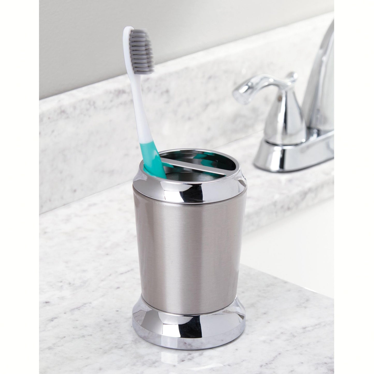 iDesign Stainless Steel Toothbrush Holder, The Preston Collection – 3" x 3" x 4.5”, Brushed & Chrome Split Finish