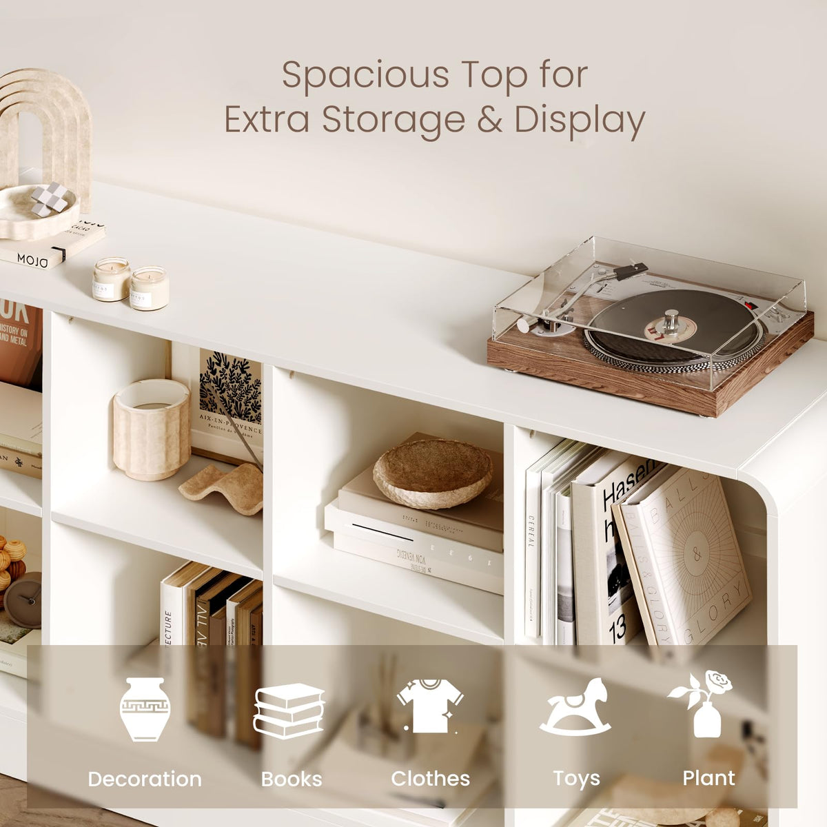 EXPERLAM White 8 Cube Storage Organizer with Rounded Edges and Reinforced Base, Low Horizontal Cube Bookshelf, Wooden Cube Shelf Bookcase for Living Room, Kids Room, Bedroom, TV Stand