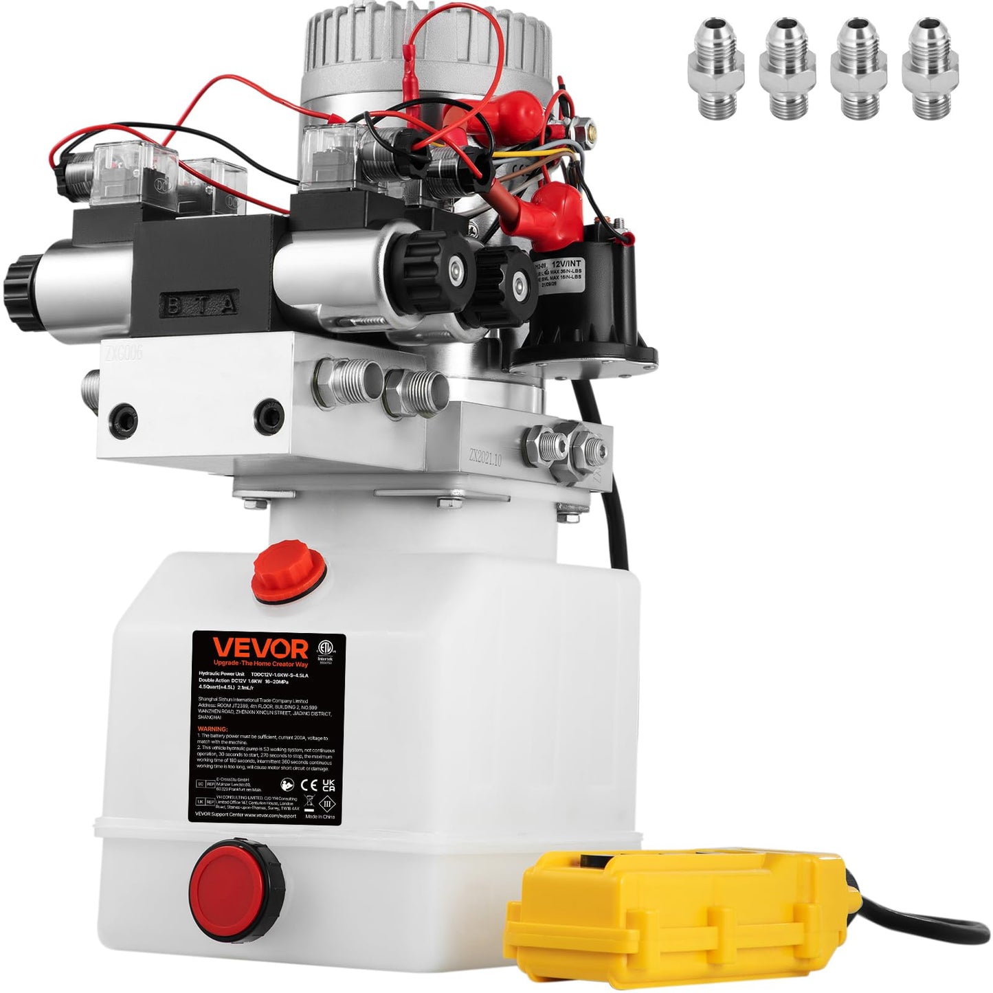 VEVOR Hydraulic Pump Double Acting 4 Way Hydraulic Power Unit Double Solenoid Hydraulic Power Pack 12V DC Hydraulic Power Pump with 4.5Liter Reservoir for Dump Trailer Car Lifting