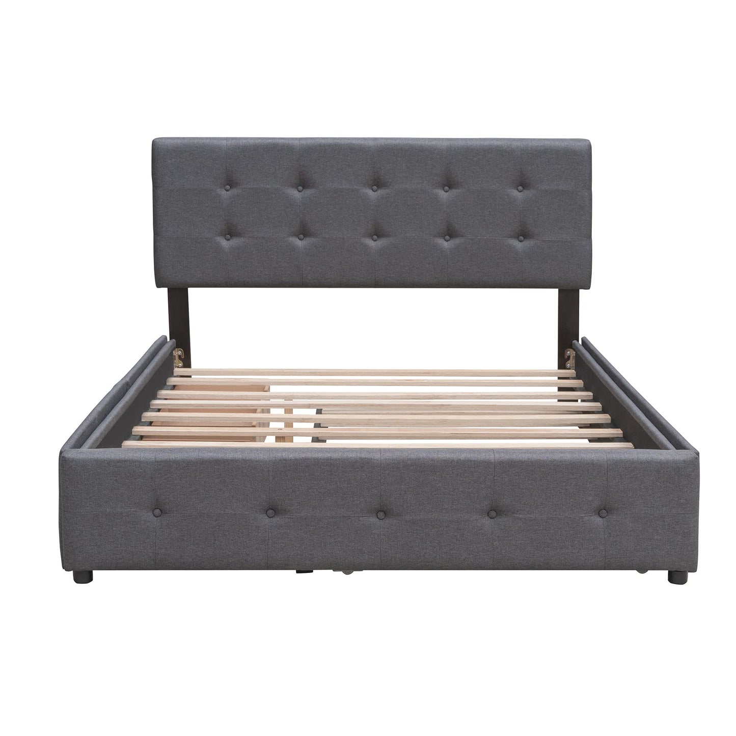 Ball & Cast Queen Size Bed Frame with 2 Drawers and 1 Twin XL Trundle, Linen Upholstered Platform Bed with Button Tufted Headboard and Wood Slats Support, No Box Spring Needed,Dark Gray