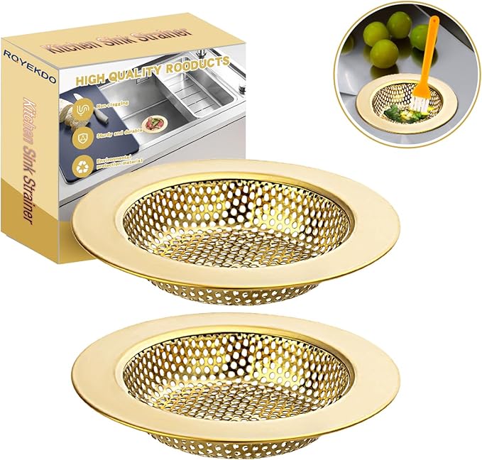 RQYEKDO Kitchen Sink Drain Strainer，2 Pack Stainless Steel and Gold Mesh Sink
