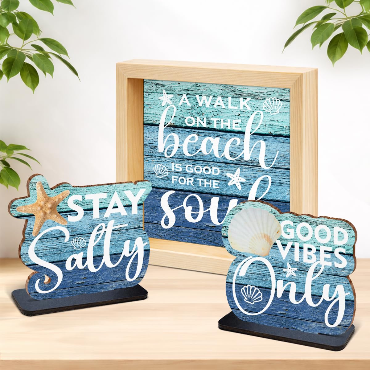 3 Pcs Summer Beach Decorations Wooden Sign - Stay Salty Centerpieces for Tiered Tray Table Desk Bedroom Boys Room Party Shelf Decoration