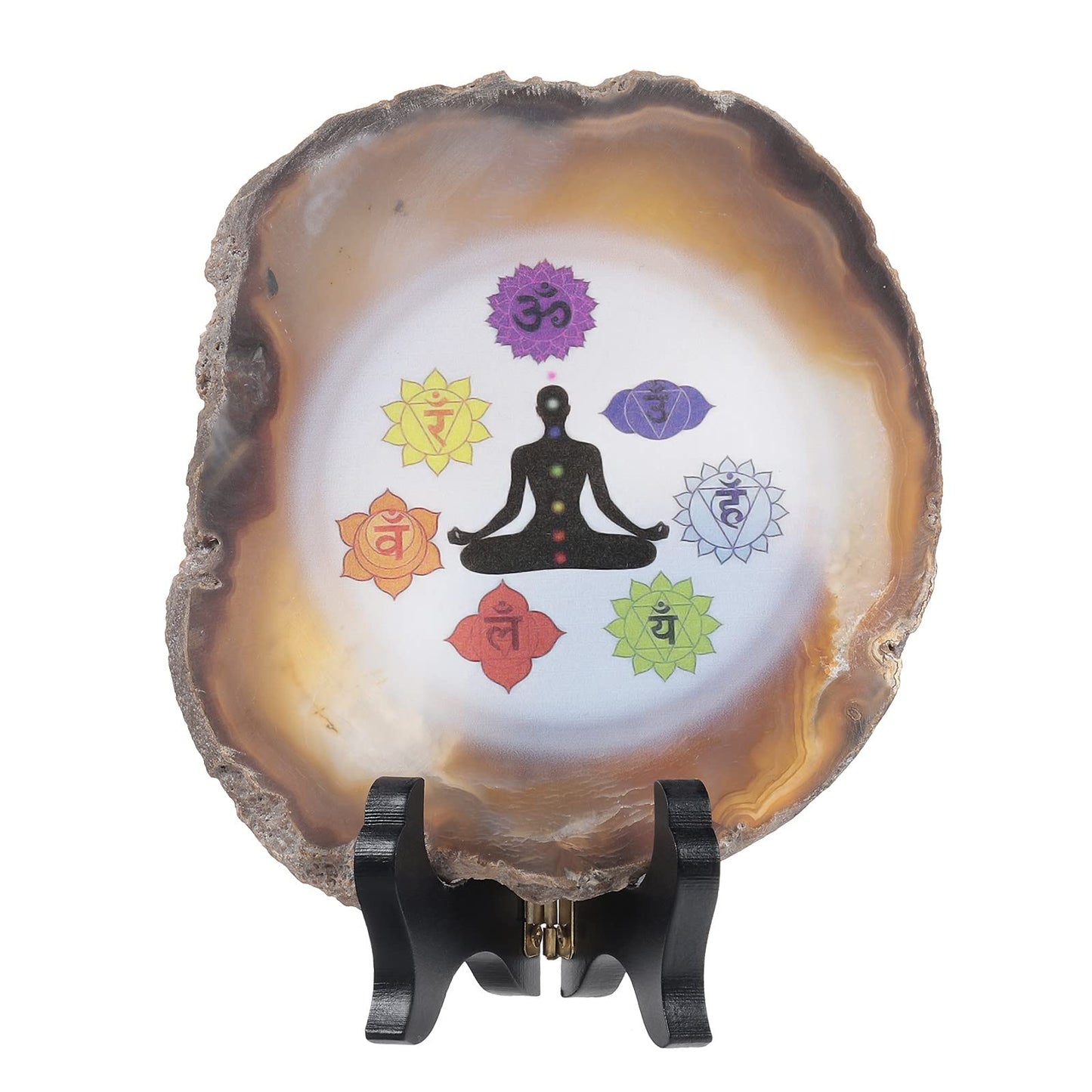 SUNYIK 7 Chakra Pattern Natural Geode Agate Slice Display with Wooden Stand, Irregular Agate Slab Tabletop Desktop for Office Home Decor, White-7 Chakra