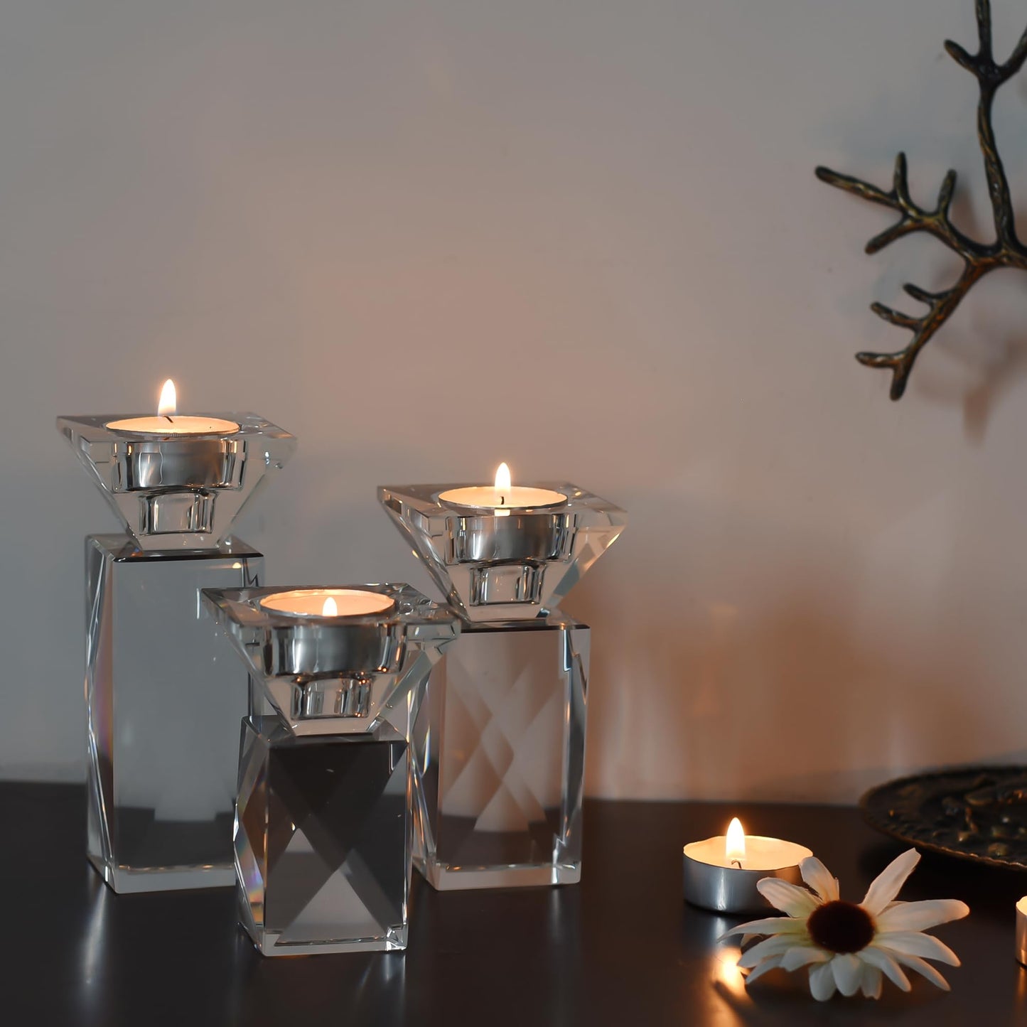 Crystal Candle Holders Set of 3, Clear Taper Candle Holder Decor, Table Centerpieces for Home Party and Wedding Decoration(3.5''/4.5''/5.5'' Height)