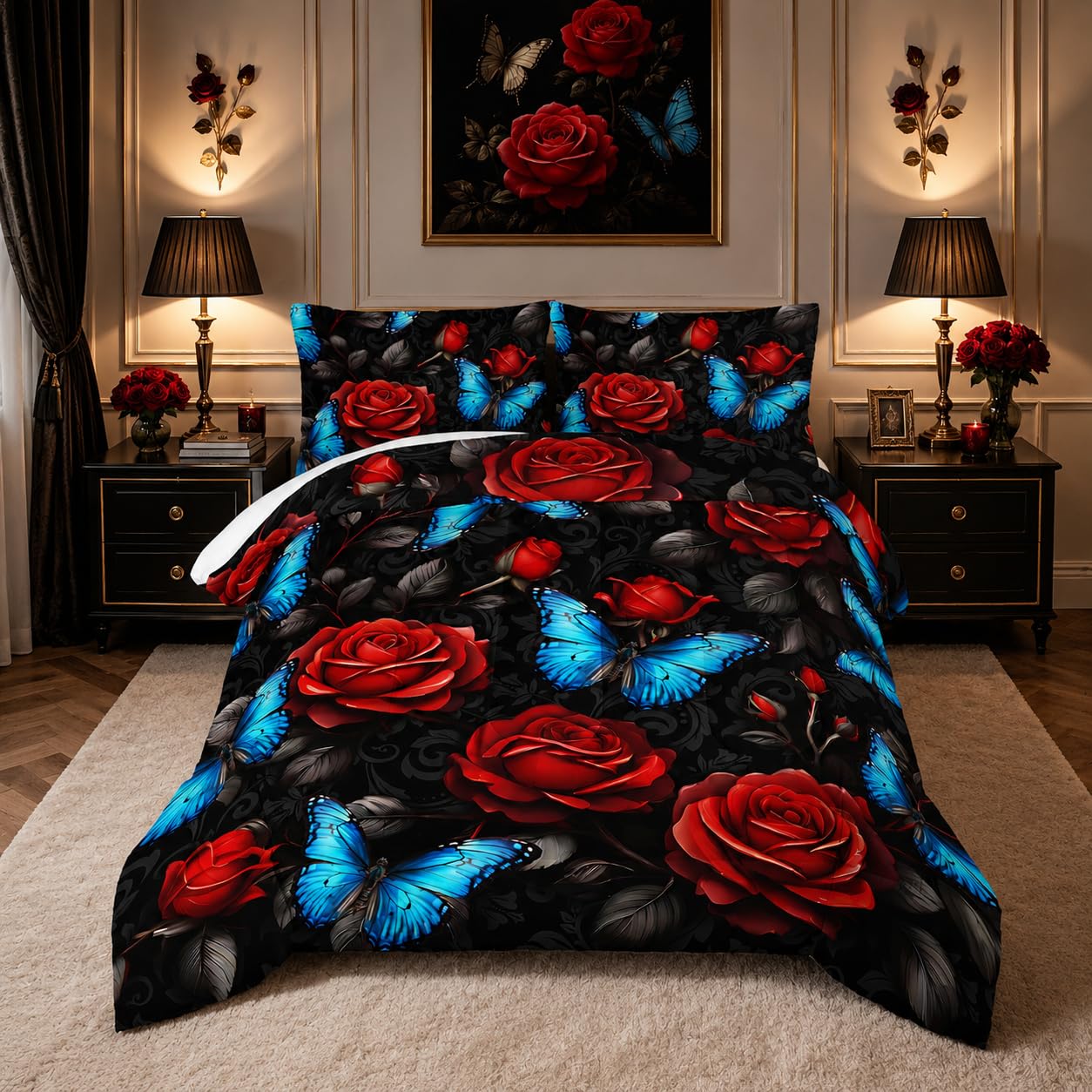 UEVBF Black Red Rose Comforter Sets,Blue Butterfly Comforter Set Twin Bedding Sets for Girls Women Bedroom Decor,Romantic Floral Themed Bedding Soft Lightweight Comforter Sets with 2 Pillowcases.