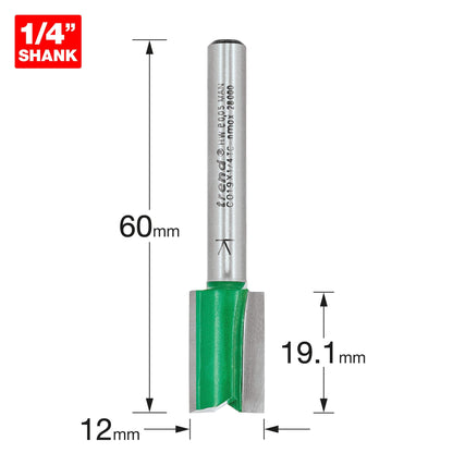 Trend CraftPro Straight Two Flute Router Cutter Bit, 1/4 Inch Shank, 12mm Cut Diameter & 19.1mm Cut Length, Tungsten Carbide Tipped, C019X1/4TC