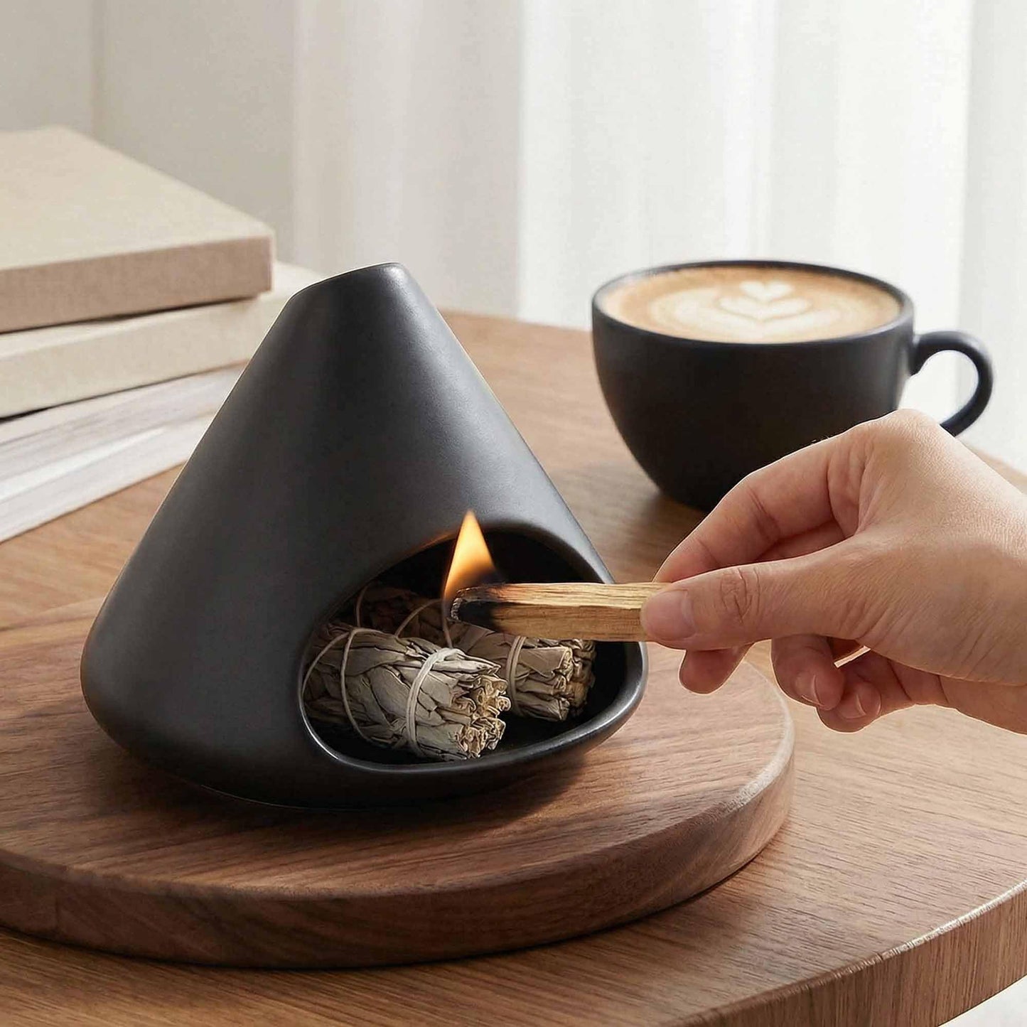Ceramic Palo Santo Holder Incense Burner, Black Cone Mini Fireplace for Sage Sticks Burner with Chimney Handmade for Cedar,Yoga, Anxiety Relief Meditation for Women
