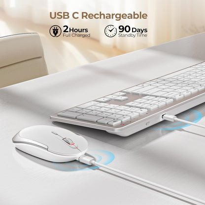 seenda Rechargeable Wireless Keyboard and Mouse, SK38-3 Ultra Slim Quiet USB Keyboard and Mouse Set for Windows Laptop PC, Full-Size QWERTY UK Layout, Silver and White