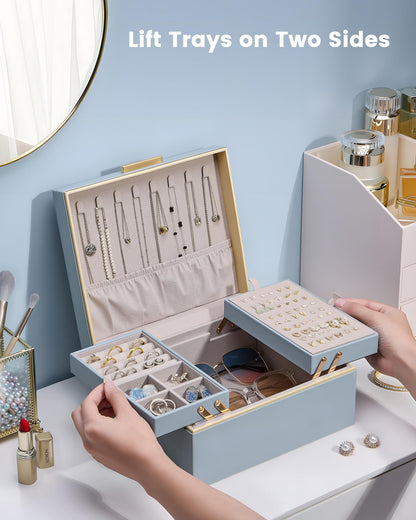 Lolalet Jewelry Box Organizer for Women Girls, 2 Layer Jewelry Organizers and Storage for Necklace Earrings Rings Bracelets, Large Jewellery Holder Case Birthday Mothers Day Gifts -HazeBlue
