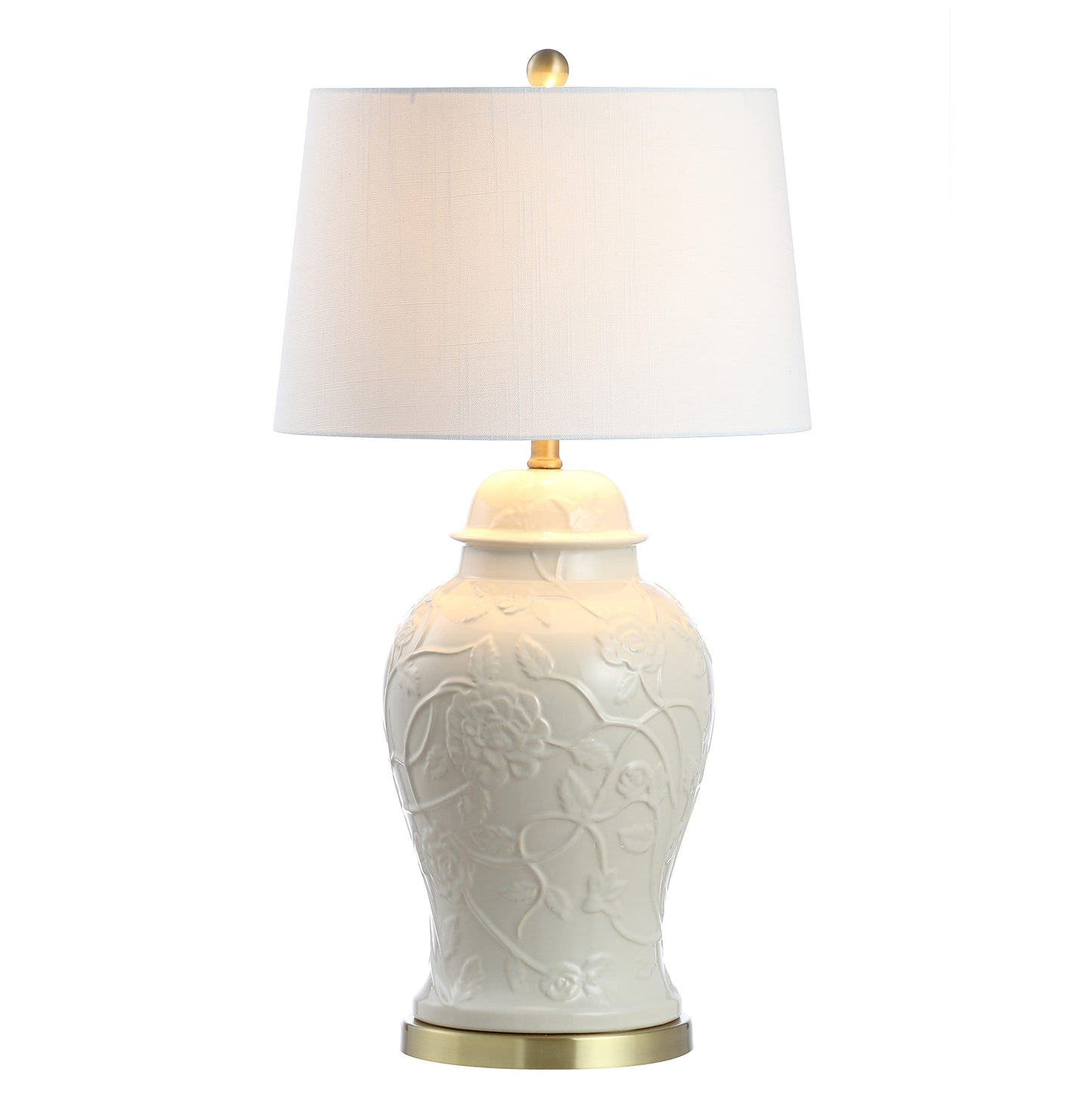JONATHAN Y 29.5" Cream Ceramic Chinoiserie Table Lamp, Traditional Ginger Jar Lamp for Living Room Bedroom, White Linen Empire Shade, Brass Gold Base, LED Bulb Included JYL6604A