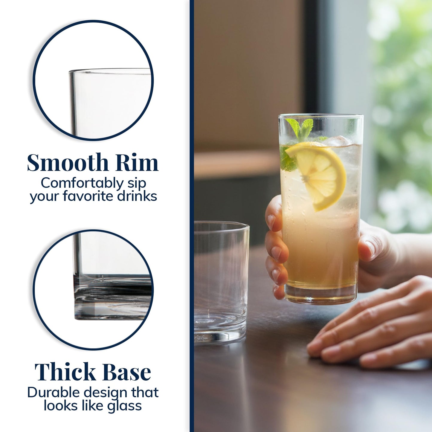 US Acrylic Classic Clear Plastic Reusable Drinking Glasses (Set of 8) 12oz Rocks & 16oz Water Cups | BPA-Free Tumblers, Made in USA | Top-Rack Dishwasher Safe