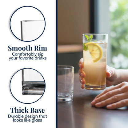 US Acrylic Classic Clear Plastic Reusable Drinking Glasses (Set of 8) 12oz Rocks & 16oz Water Cups | BPA-Free Tumblers, Made in USA | Top-Rack Dishwasher Safe