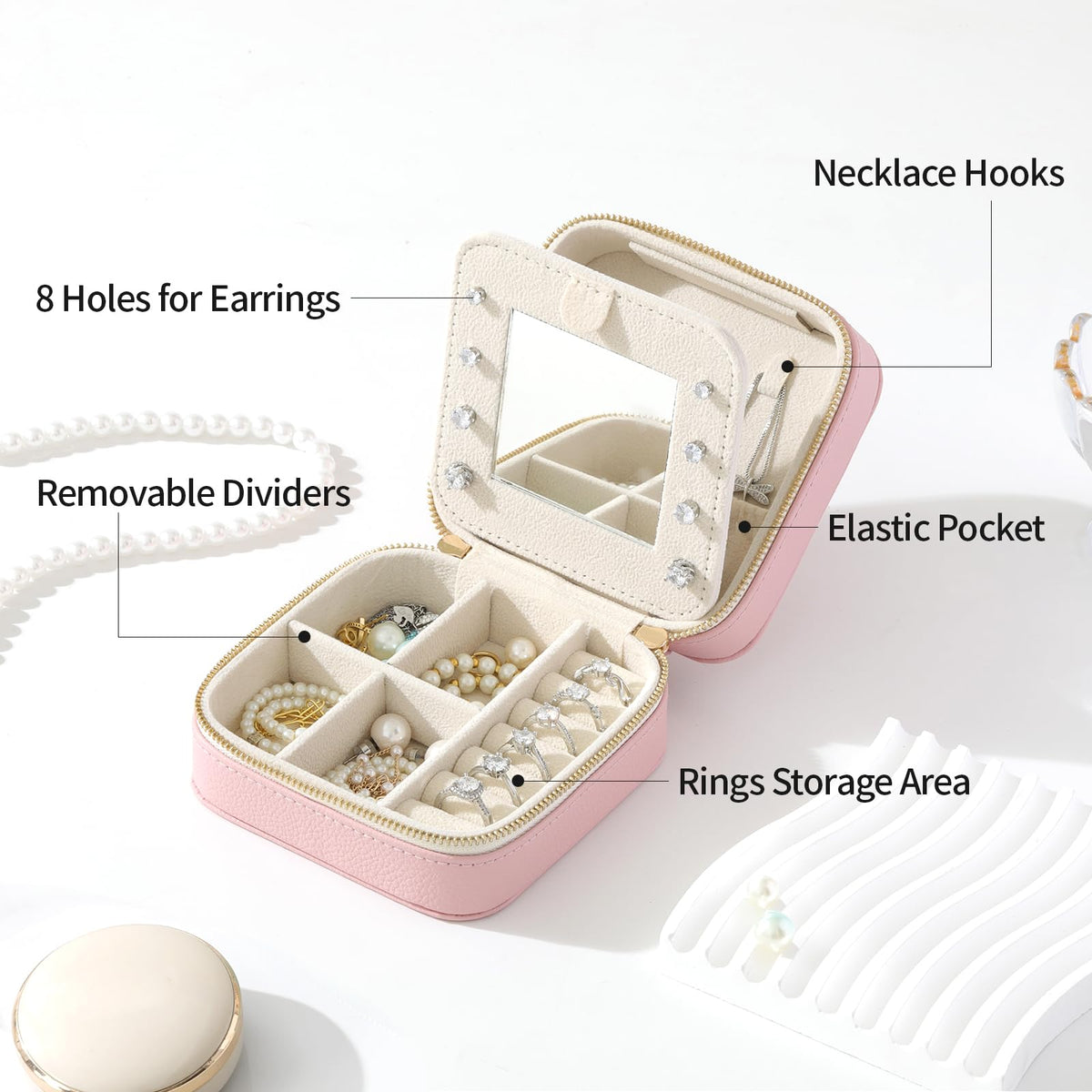 NGVRC Genuine Leather Travel Jewelry Organizer Case with Mirror for Women, Small Mini Portable Jewelry Box for Ring Earrings Necklace Bracelet Luxury Gift for Women（Beige）