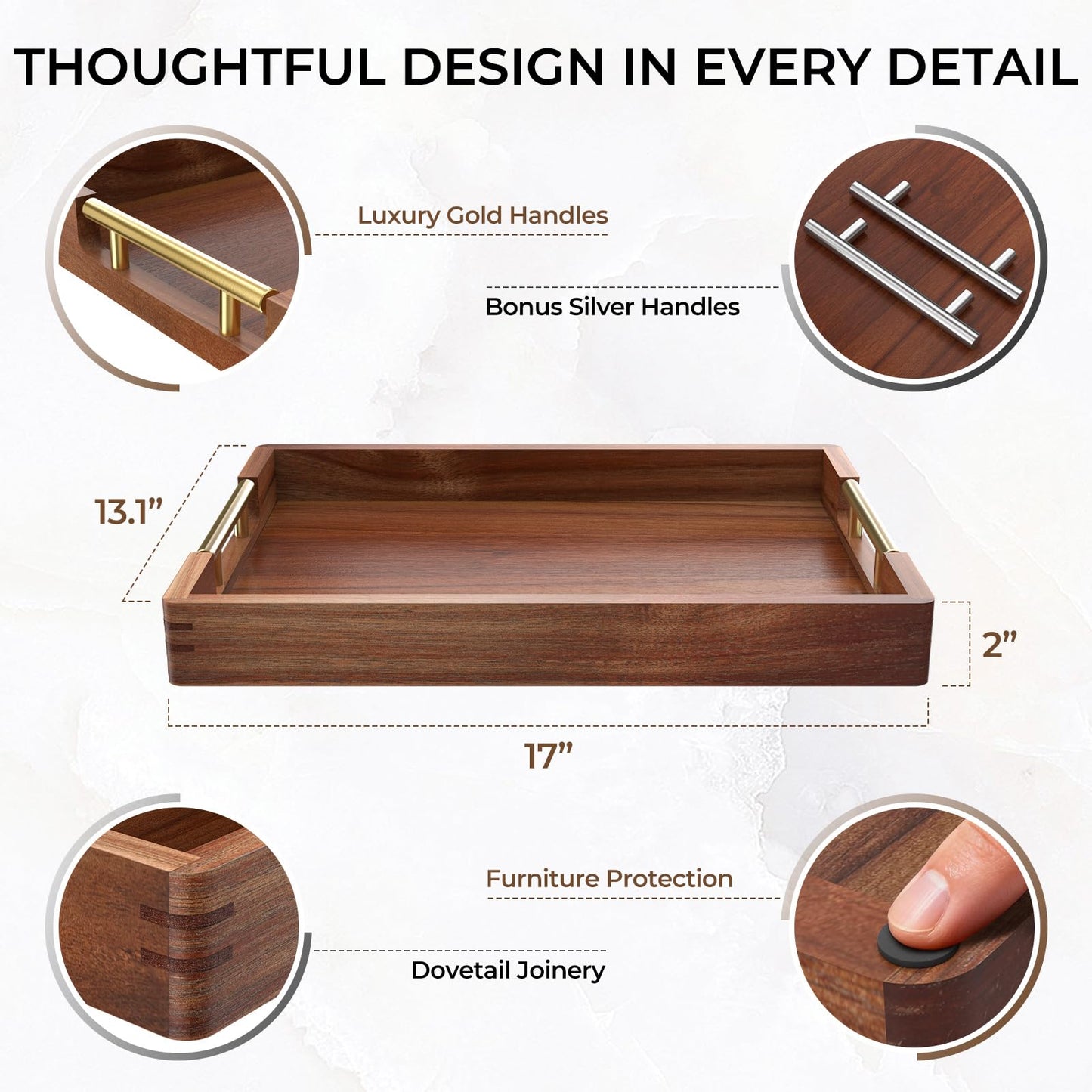ZENPTIA Acacia Wood Serving Tray with 2 Sets of Handles (Gold & Silver) - 17" Large Wooden Tray for Ottoman Coffee Table, Decorative Tray for Living Room & Kitchen - Solid Wood Table Topper