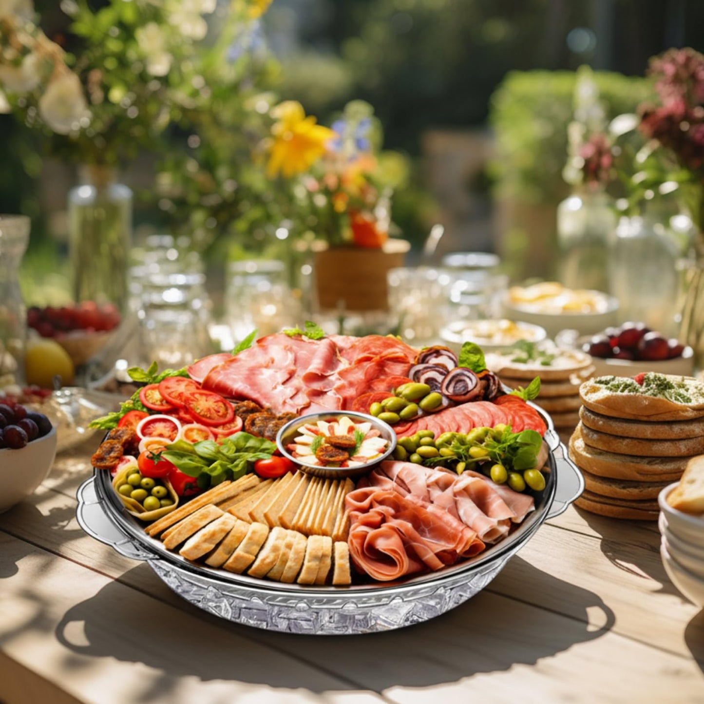 Baderke 4 Set 11.8" + 9" Chilled Serving Tray for Parties with Compartments Ice Chilled Party Platter Charcuterie Serving Board 1.7 oz Dipping Bowls with Tongs for Fruit Seafood Vegetable (Natural)