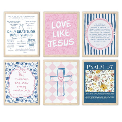 Pink Blue Christian Wall Art Set of 6, Preppy Bow Bible Verse Canvas Posters, Floral Scripture Wall Decor Pictures Jesus Religious Painting Trendy Prints for Girls Bedroom Dorm 8x10in Unframed