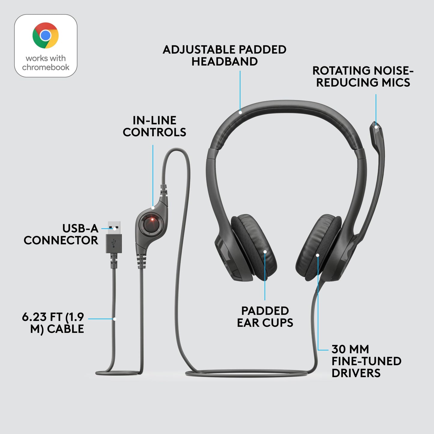 Logitech H390 Wired Headphones with Mic, USB Headset with Microphone for PC, Noise Cancelling Microphone for Video Meetings, Music, Gaming - Black