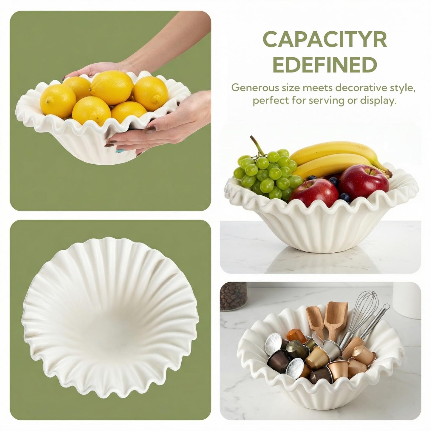 Prygew Large Decorative Bowl, 10 Inch White Ceramic Fruit Bowl for Kitchen Counter, Modern Scalloped Ruffle Key Bowl Decor for Jewelry, Entryway, Dining, Coffee Table