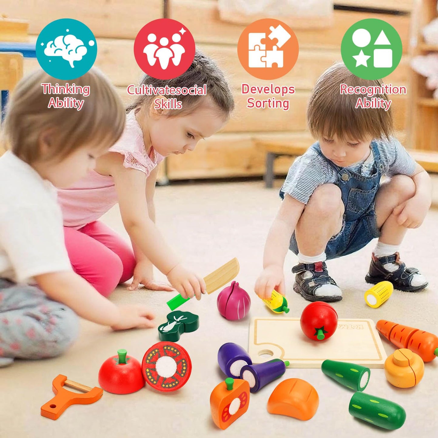 Wooden Play Food Set for Toddlers Toys Pretend Play Kitchen Accessories Veggies Cutting Set for Kids Gift for Boys Girls Montessori Educational Toys