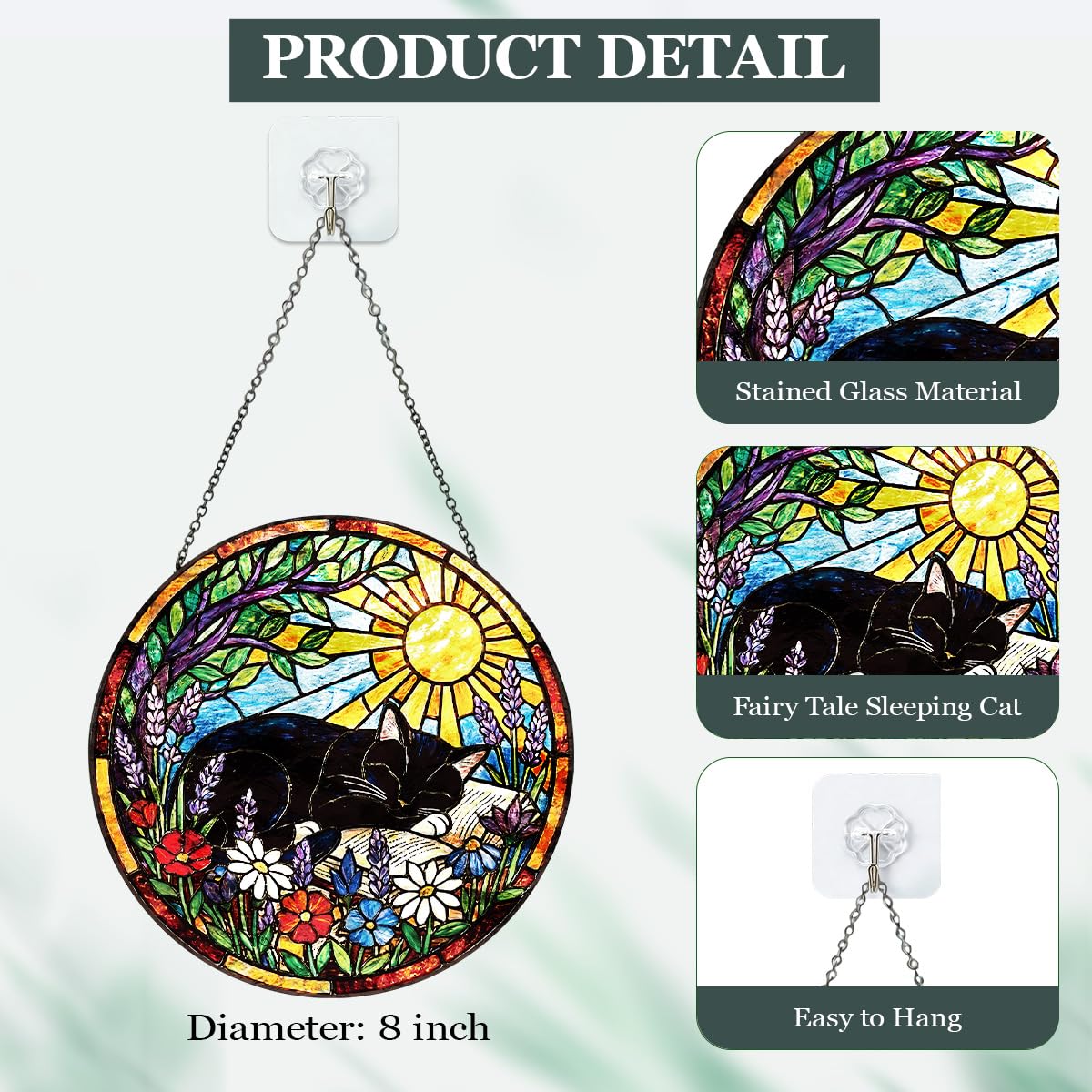 Riletese Stained Glass Window Hanging – Cat & Book Lover Gifts for Women Men, Sleeping Cat Suncatcher, Glass Ornament for Reading Room Home Garden Decor, Christmas Mother's Day Birthday Gifts, 8 Inch