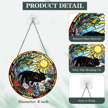 Riletese Stained Glass Window Hanging – Cat & Book Lover Gifts for Women Men, Sleeping Cat Suncatcher, Glass Ornament for Reading Room Home Garden Decor, Christmas Mother's Day Birthday Gifts, 8 Inch