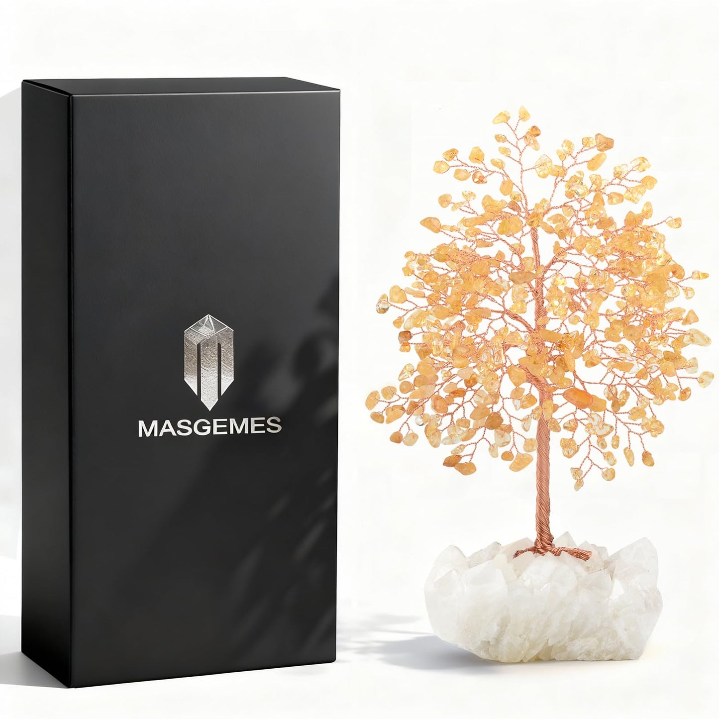 MASGEMES Gemstone Crystal Tree of Life,Natural Citrine with Row Clear Quartz Base,Chakra Healing Crystals Positive Energy Fengshui Decor Bonsai Money Tree,Home Decor Gift Height 8.5-9 Inches