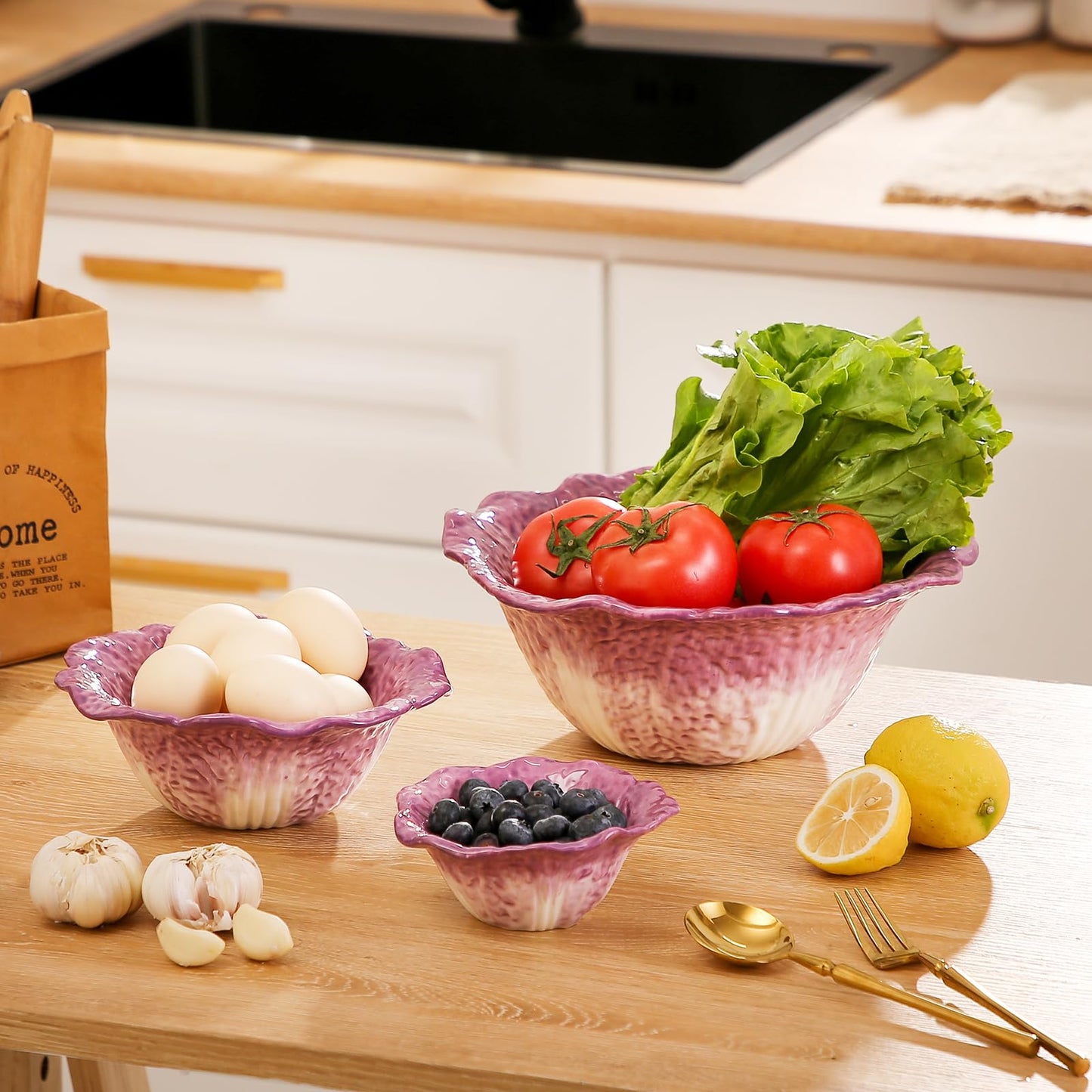 KXZ Ceramic Mixing Bowls Set, Nesting Bowls Set of 3 For Kitchen - 60oz, 16oz, 5oz Prep Serving Bowl Set for Entertaining, Baking and Mixing Salad, purple