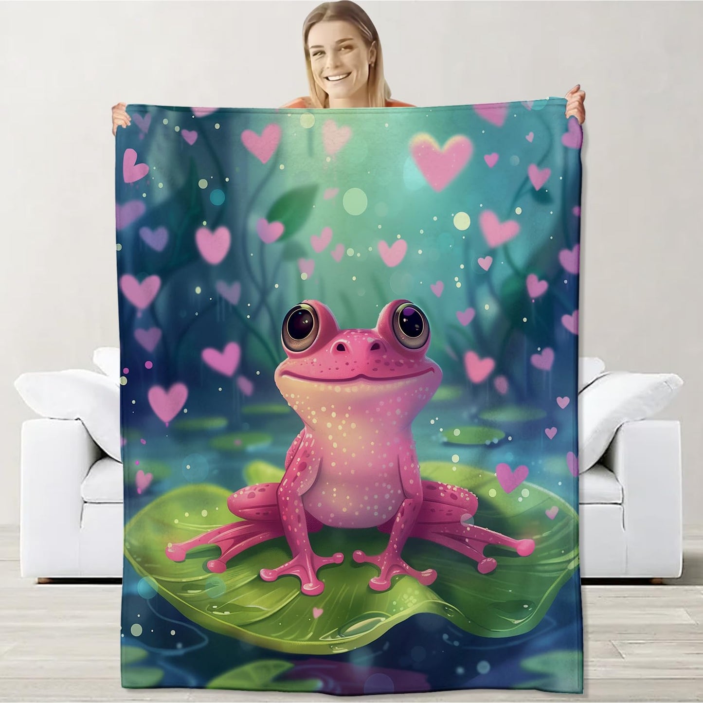 Frog Blanket for Women Men Adults, Flannel Frog Blankets Gifts, Frog with Love Heart Throw Blanket for Sofa Couch Bed Living Room Soft Warm Cozy Frog Decor 60" x 50"