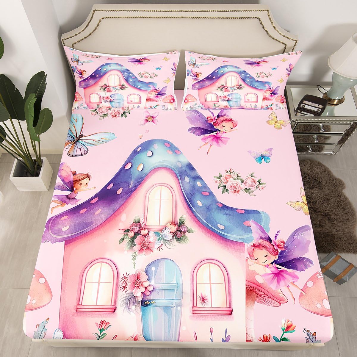 Erosebridal Fairy Garden Twin Fitted Sheet - Pink Fairy Butterfly Bedding Set for Girls Kids, Cute Pink Floral Bed Sheets, Kawaii Mushroom Flower Bed Set 2 Piece Room Decor (No Flat Sheet)
