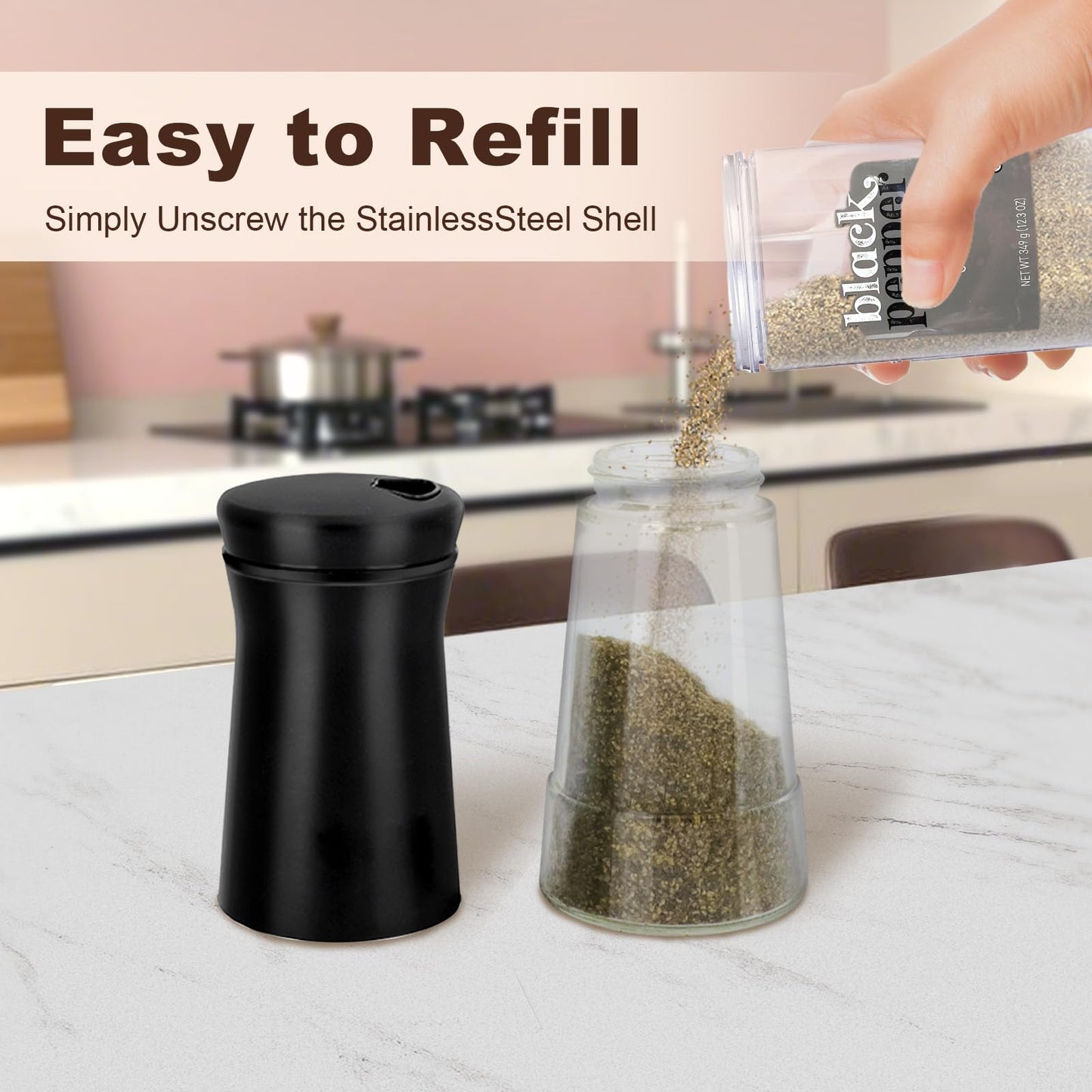 Black Salt and Pepper Shakers with Adjustable Pour Holes, Farmhouse Glass Salt Shaker with Stainless Steel Lids, Refillable Shaker by Aelga, Ideal for Himalayan, Kosher and Black Pepper