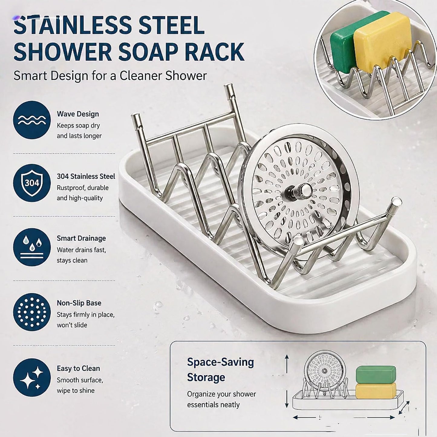 Bar Soap Holder with Removable Drip Tray,Rustproof SUS304 Stainless Steel Soap Dish for Shower Bathroom Countertop, Non-Slip Wave Bar Saver for Shampoo Soap Sponge, White