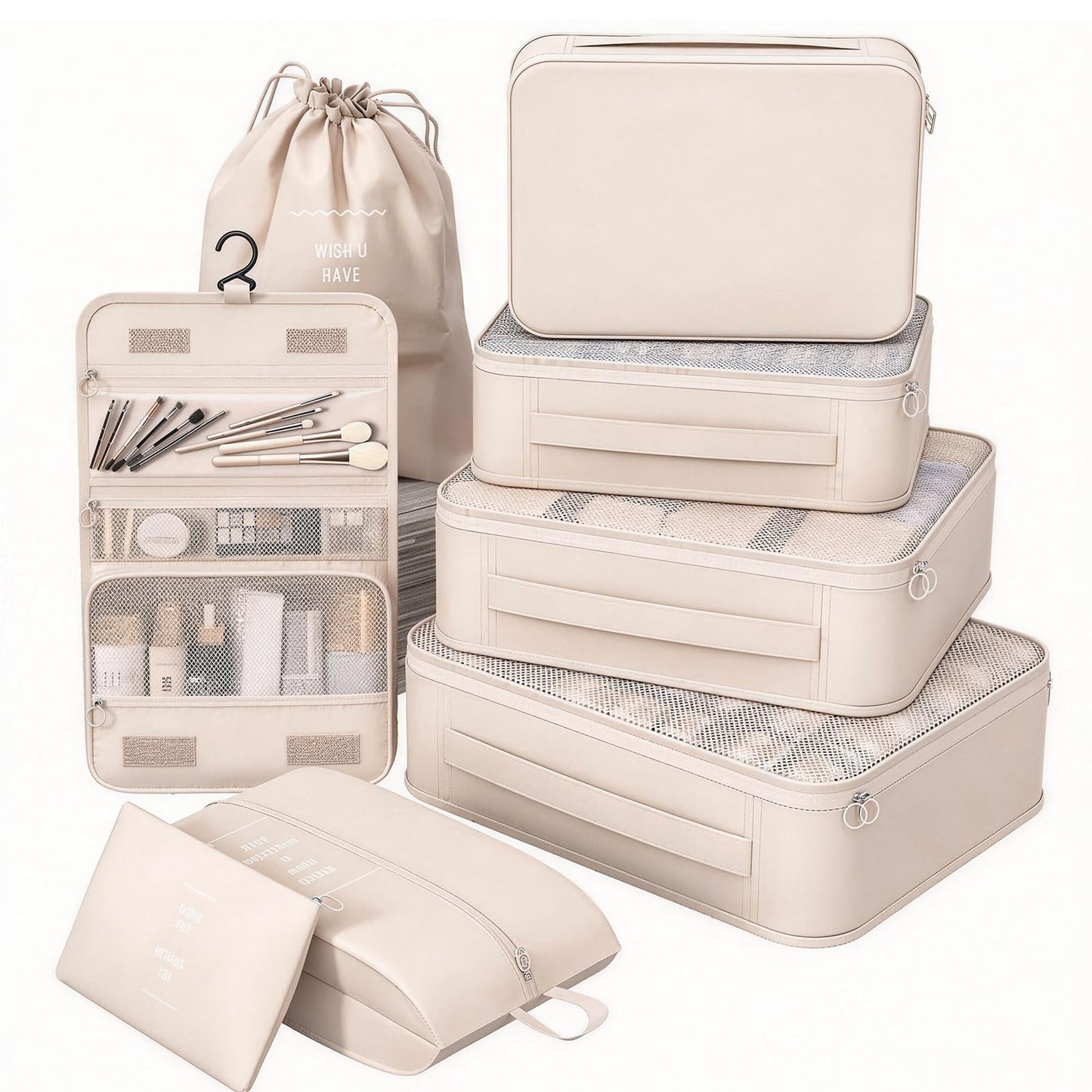8 Set Packing Cubes for Travel,Suitcase Organizer Bags for Luggage with Shoe & Hanging Toiletry Bag, Vacation Essentials & Accessories for Cruise Ship, Airplane Must-Have,Road Trip & Camp Gifts(Cream)