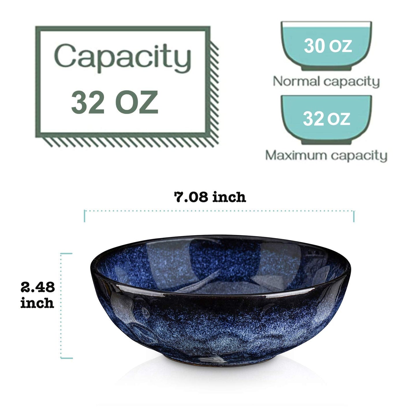 vicrays Ceramic Salad Bowls Set for Kitchen, Serving - 32 Ounce Soup Bowls, Pasta Bowls, Chip Resistant, Dishwasher Microwave Safe, Large, Fluted, stoneware, Set of 6 (Blue)