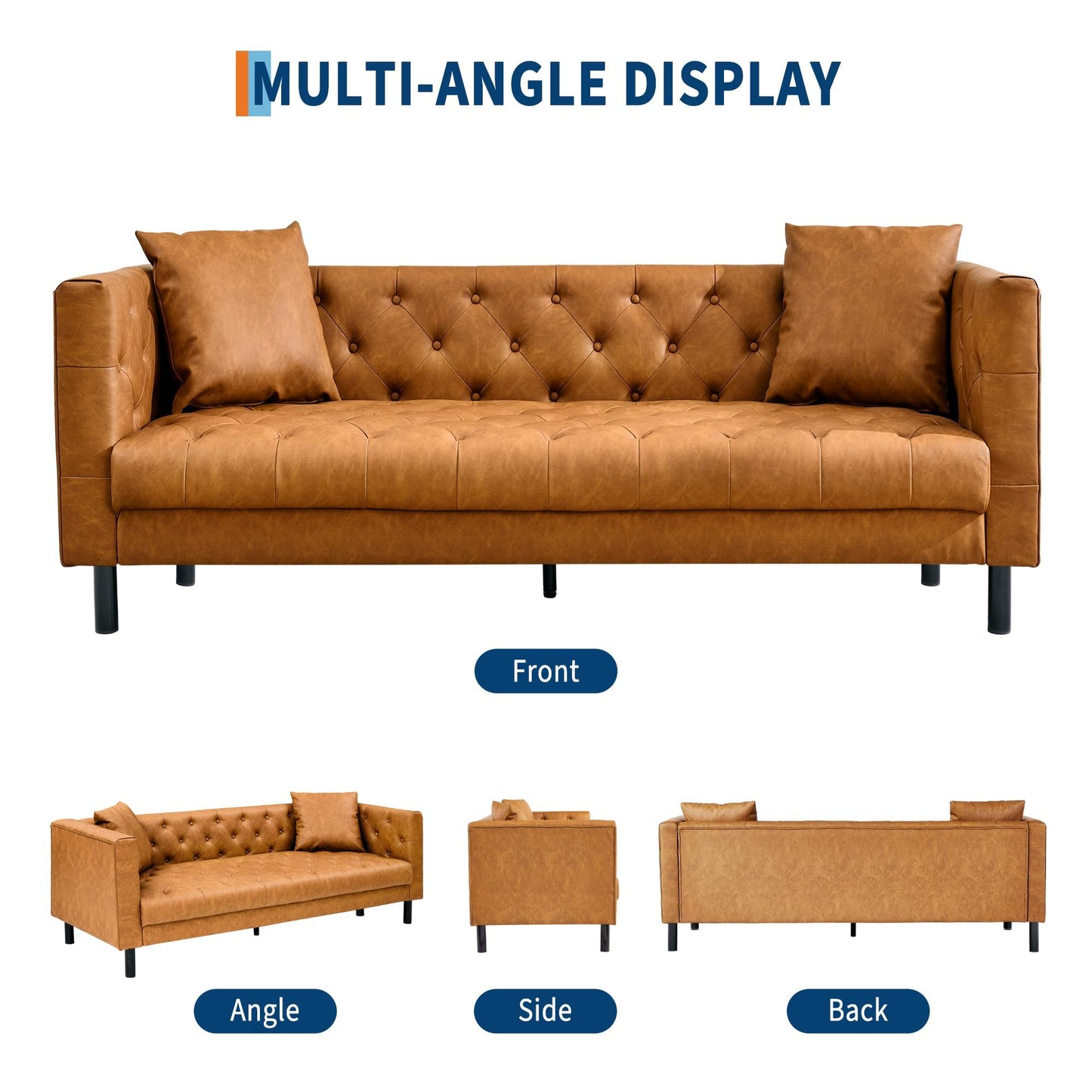 MilleLoom Mid Century Modern Leather Sofa 81 Inch, Chesterfield Style 3 Seat Couch with Deep 26" Seats, Button Tufted Upholstery, Includes 2 Pillows for Living Room, Apartment or Office, Orange