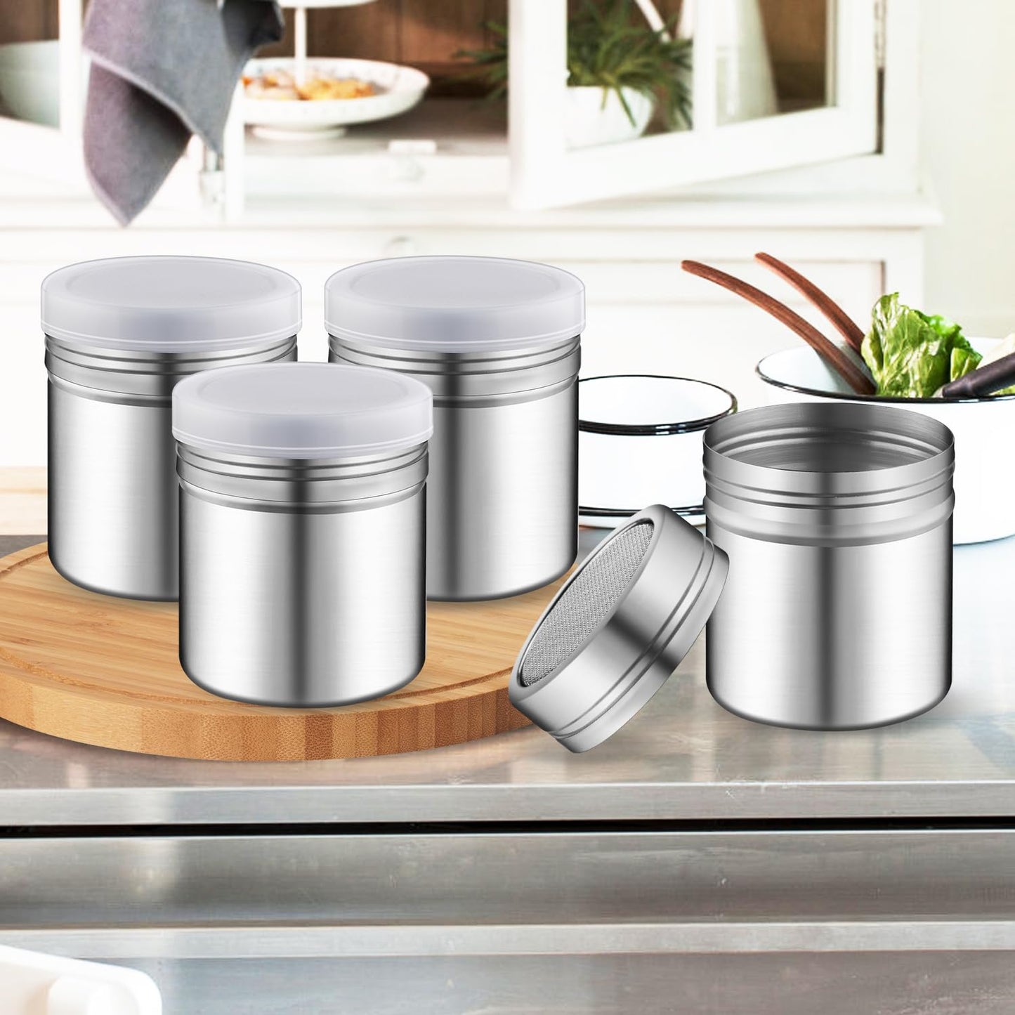 6 Pcs Powder Sugar Shaker Stainless Steel Powder Sugar Shaker Jars Fine Mesh Shaker Cans for Cinnamon Flour Salt Pepper