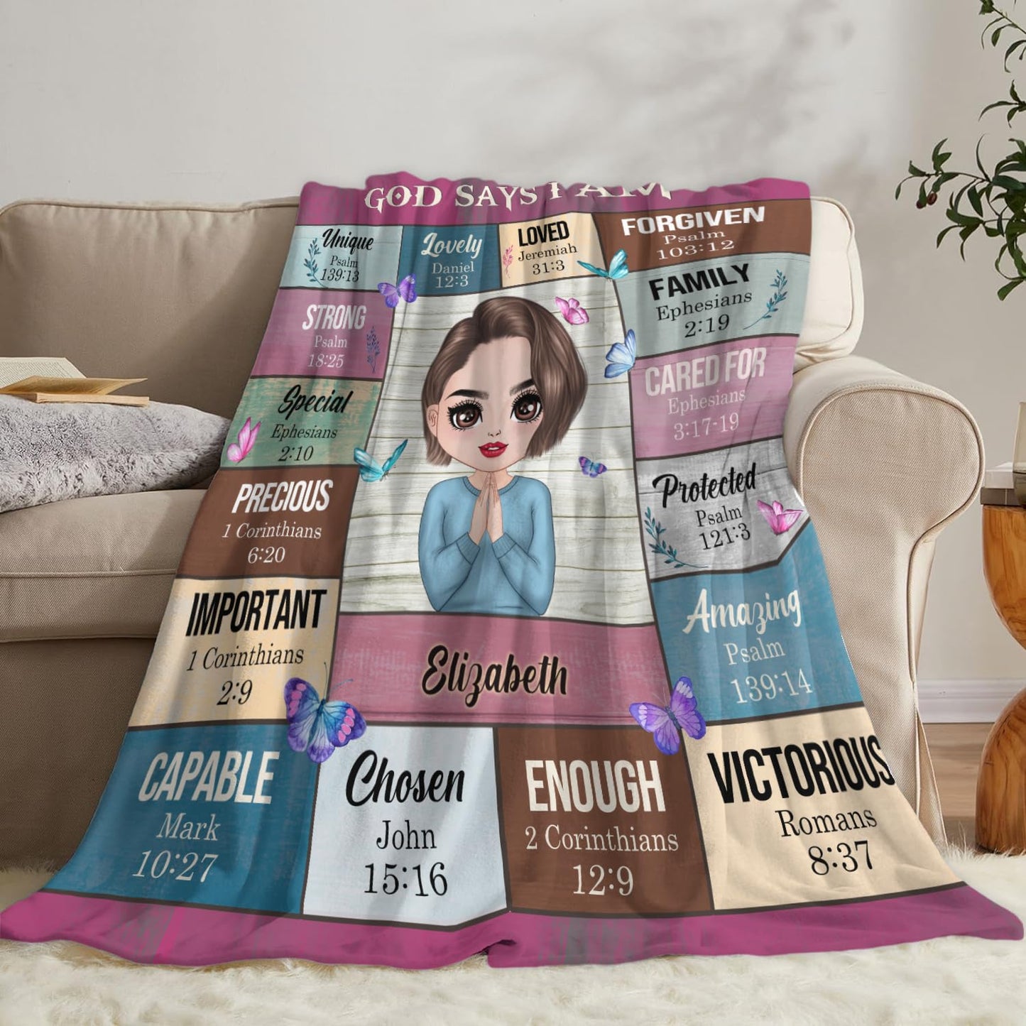 PREAUREUM God Says I Am Blanket, Personalized Christian Throw Blanket,Inspirational Jesus Throw Blankets,Confirmation Catholic Spiritual Blankets for Kids (Chibi God Says I Am - Wooden Board Style)