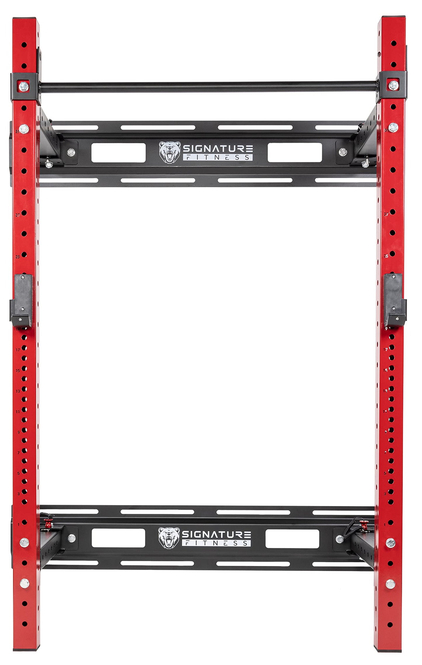 Signature Fitness Fitvids 3” x 3” Wall Mounted Fold-in Power Cage Squat Rack with Adjustable Pull Up Bar and J Hooks - Space-Saving Home Gym – Sports Training – Wall Mount Rack – Black