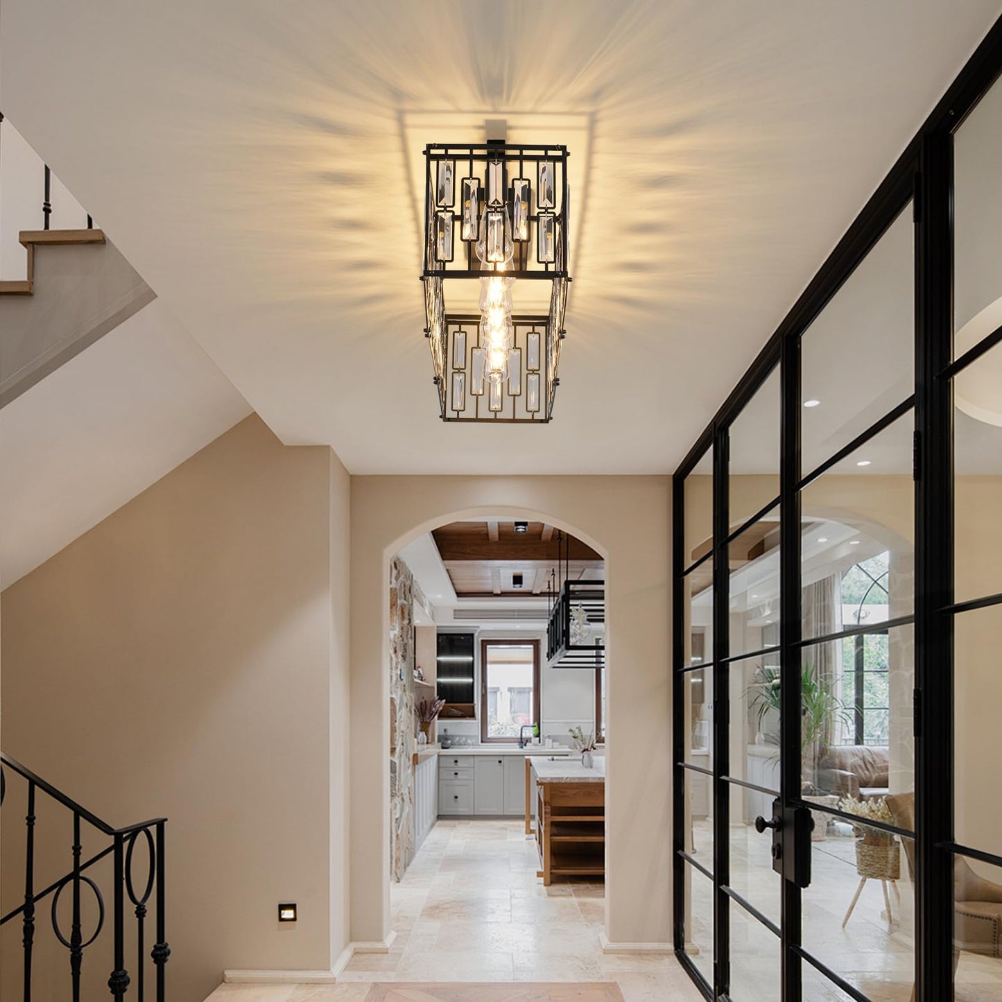 Garwarm 38.7 inch Modern Ceiling Light,6-Light Crystal Chandelier Black Rectangle Chandeliers, Dining Room Light Fixture Flush Mount for Living Room Kitchen Island Bar