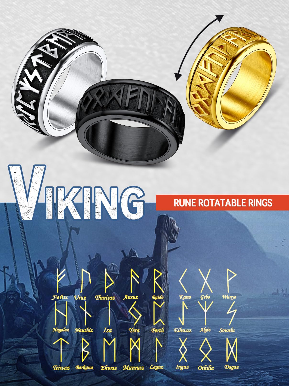 FaithHeart Viking Rings Men Stainless Steel Fidget Ring Spinning Jewellery Norse Runes Band Cool Boys Ring Size O
