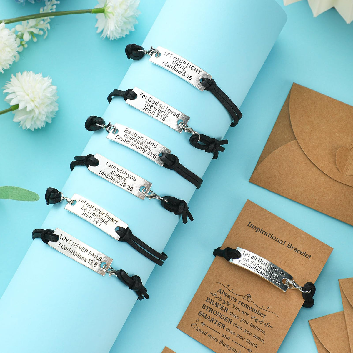 Bucherry 24 Pack Bible Verse Party Favors Christian Easter Gifts Bulk Easter Church Bracelets for Women Men with Religious Gift Cards Envelopes Engraved Inspirational Verse Bracelets(Black)