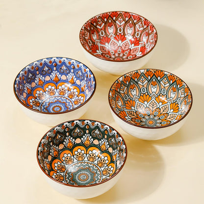 AQUGOO 4 Pcs Ceramic Bowls Set, Bohemian Style Colorful Bowl, Ceramic Rice Bowls 10 oz, New Year Gift Set, Housewarming Gift, Dishwasher & Microwave Safe Bohemian Bowls Sets