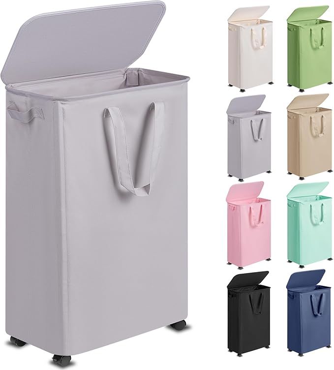 Slim Laundry Hamper with Lid and Wheels, Small Rolling Laundry Basket with