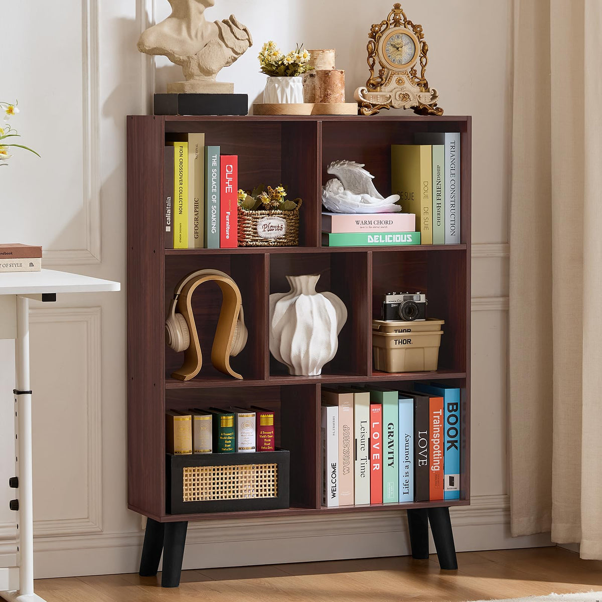 LEYAOYAO 7 Cube Bookshelf 3-Tier Bookcase with Legs, Mint-Walnut Kids Book Shelf Cute Storage Organizer, Toy Shelves Bookshelves,Wood Display Bookcases