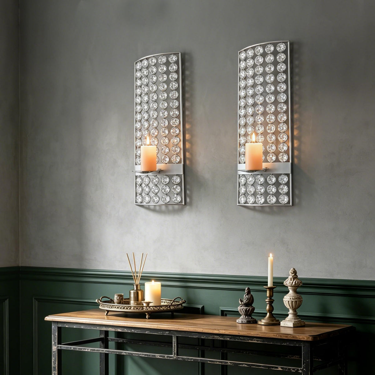 Sxnzequnze 2 Set Glam Wall Candle Sconces for Home Decor Living Room Bedroom Dining Room Metal Bling Crystal Candle Wall Sconce with Diamond Gem Decor - Silver 16.5in/5.9in