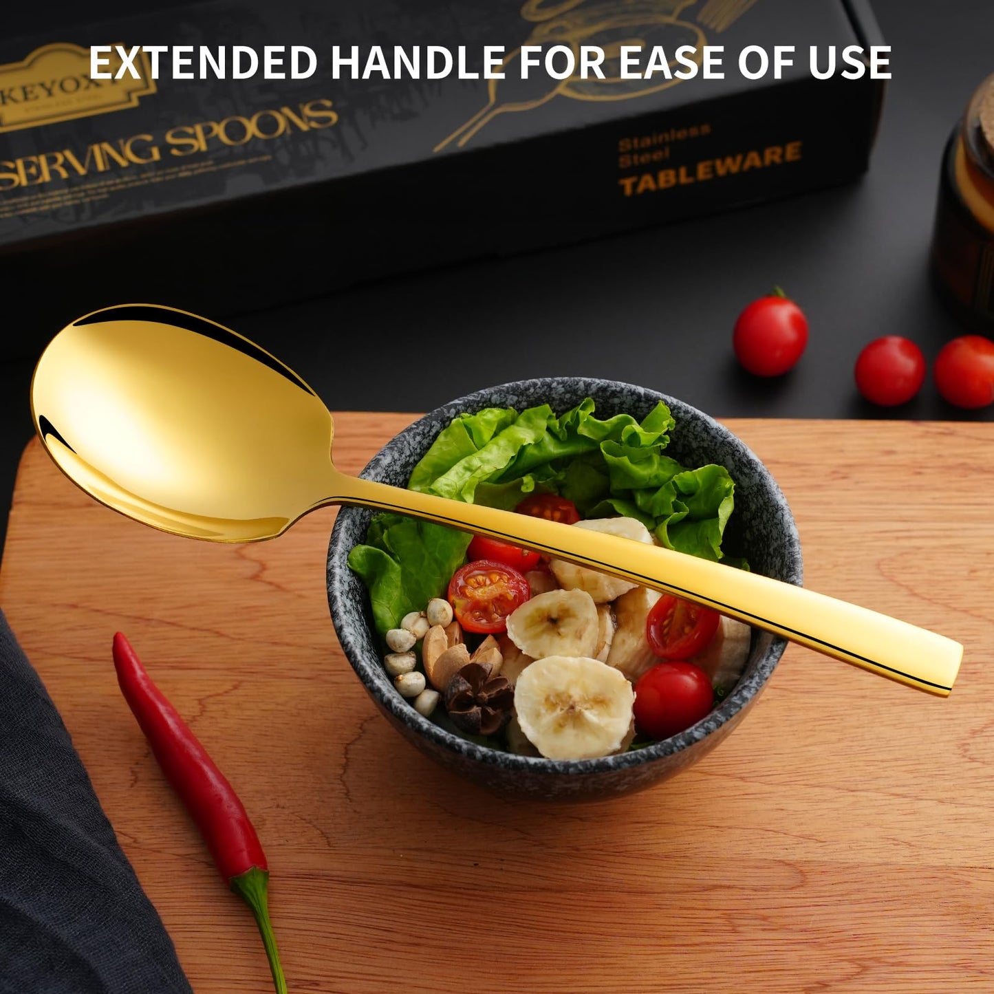 Keyoxy 4 Piece Stainless Steel Serving Spoons Set - 4 Large Spoons, 9.2-Inch, Dishwasher Safe, for Parties/Kitchen/Buffet/Catering,Gold