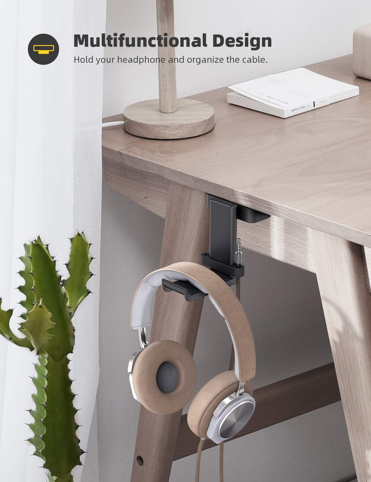 Lamicall Headphone Stand, Sticky Headset Hanger - 360 Degree Rotation Earphone Adhesive Hook Holder Mount, Table Headphone Stand with Cable Organizer, Headset Clamp for HyperX, Sennheiser -White