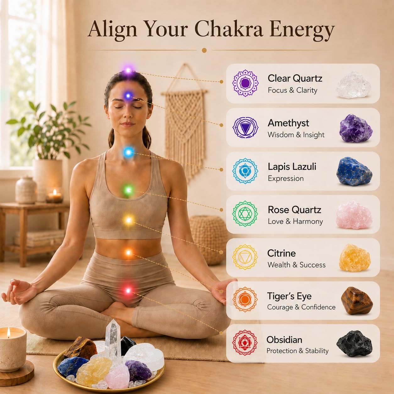 VELNORIX 7 Chakra Healing Crystals Grid Set – Real Stones, Clear Quartz Tower, Amethyst & Tree of Life Altar Tray – Spiritual Meditation & Reiki Decor for Yoga, Positive Energy (Guide Included)