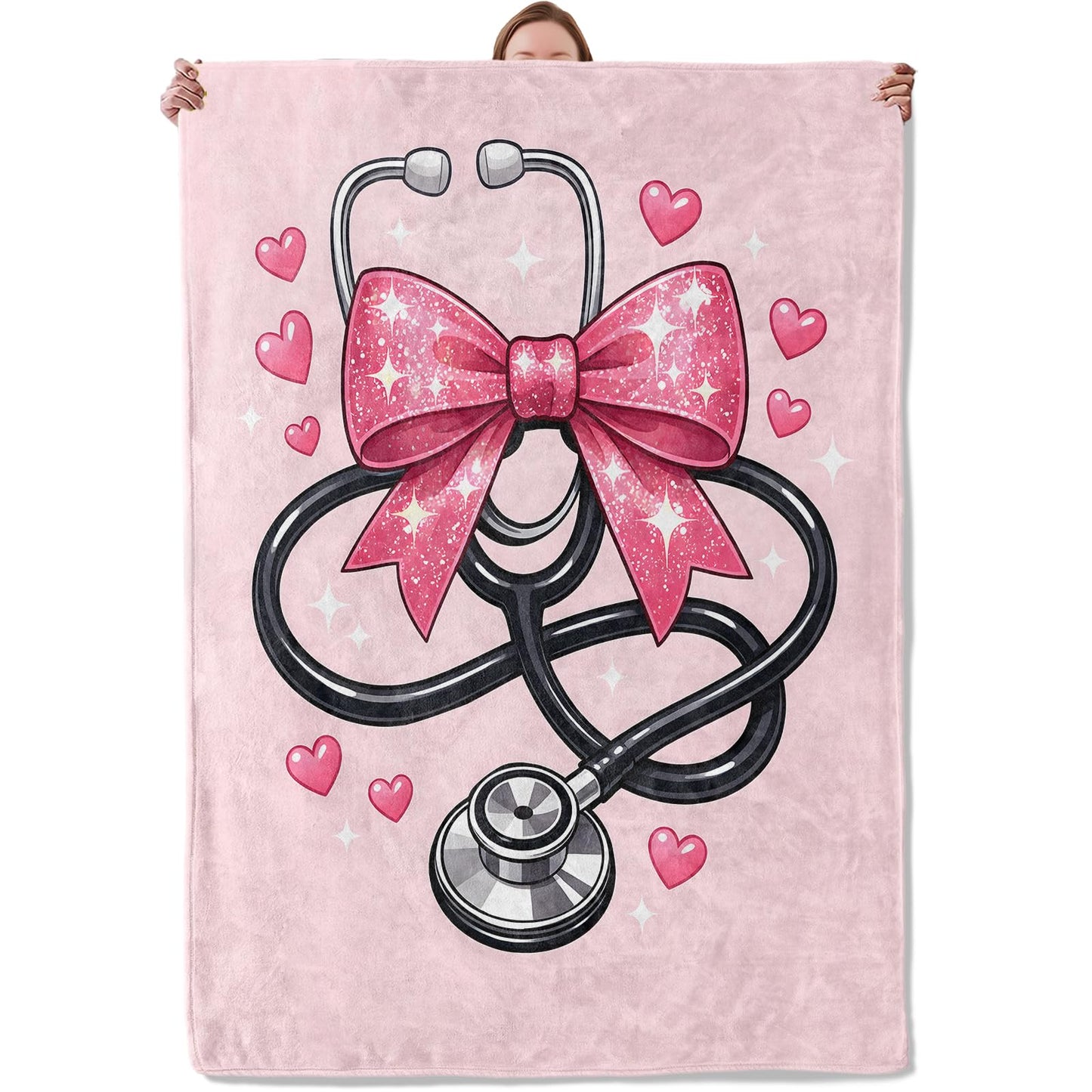 Nurse Blanket Gifts for Women Girls Kids, Soft Warm Lightweight Pink Bow Stethoscope Medical Throw Blankets for Living Room Sofa Home Bedroom Decor 50" x 60"